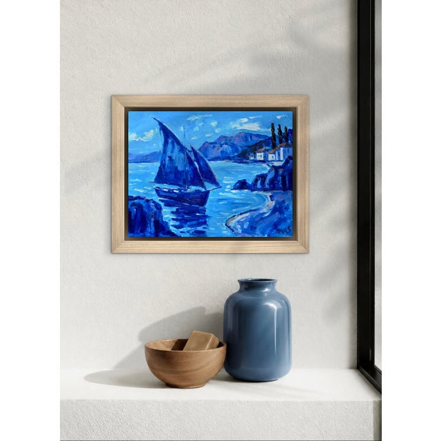 Textile Original Oil Painting – Blue Harbor Passage - Seascape For Sale - Image 7 of 9