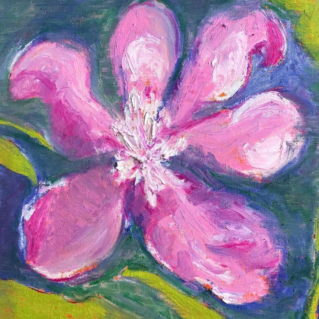Boho Chic Original Pink Magnolia Painting in Ornate Gold Beaded Frame, Oil Sticks on Canvas, 12" X 12" by Tatiana Duperault For Sale - Image 3 of 4