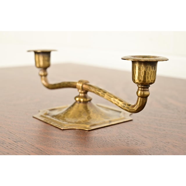Art Deco Roycroft Arts & Crafts Brass Finished Hammered Copper Candelabra For Sale - Image 3 of 12