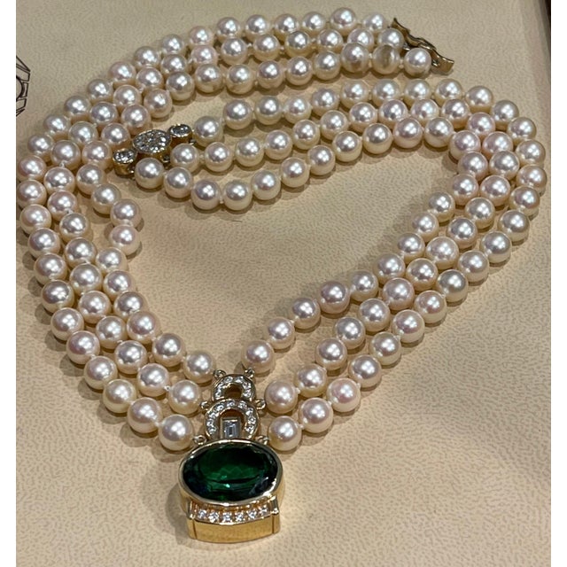18Ct Green Tourmaline & 2.5Ct Diamond Necklace 14 KY Gold & Triple Pearl Layers For Sale - Image 10 of 18