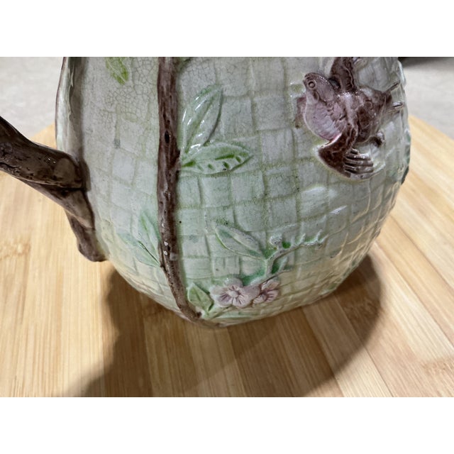 19th Century Antique Majolica Bird Pitcher With Lavender Interior & Basketweave Motif For Sale - Image 4 of 5