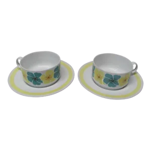 Mid 20th Century Richard Ginori 2 Cup and 2 Saucer Set Yellow and Teal Colored Flowers on a White Background, Italy- 4 Pieces