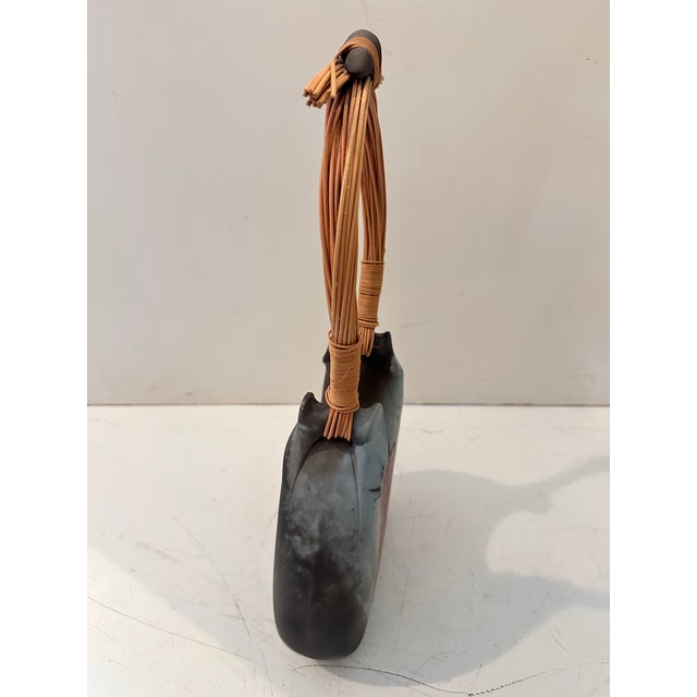 Wood Signed Sculptural Raku Vessel With Woven Handle For Sale - Image 7 of 11