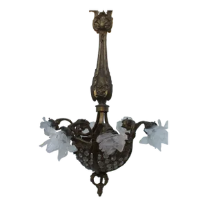C1880 French Antique Louis XVI Gilt Bronze/ Cut Crystal Floral Basket Chandelier