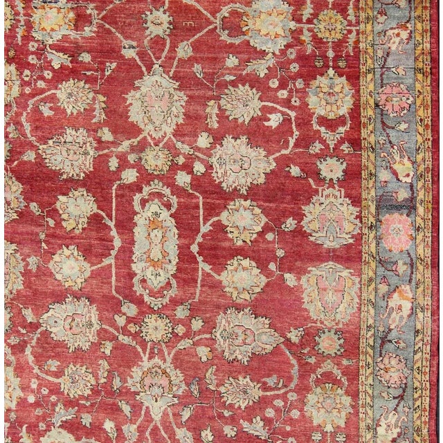 Tribal Early 20th Century Antique Turkish Oushak Rug in Red Blue/Gray Border L. Green Yellow & Pink For Sale - Image 3 of 11