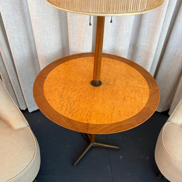 Wood 1950s Edward Wormley for Dunbar Teardrop Slipper Chairs With Snack Table Floor Lamp For Sale - Image 7 of 13