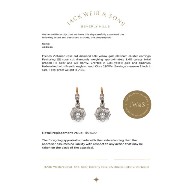19th Century 19th Century Pair of French Victorian Rose Cut Diamond 18k Yellow Gold Platinum Cluster Earrings For Sale - Image 5 of 5