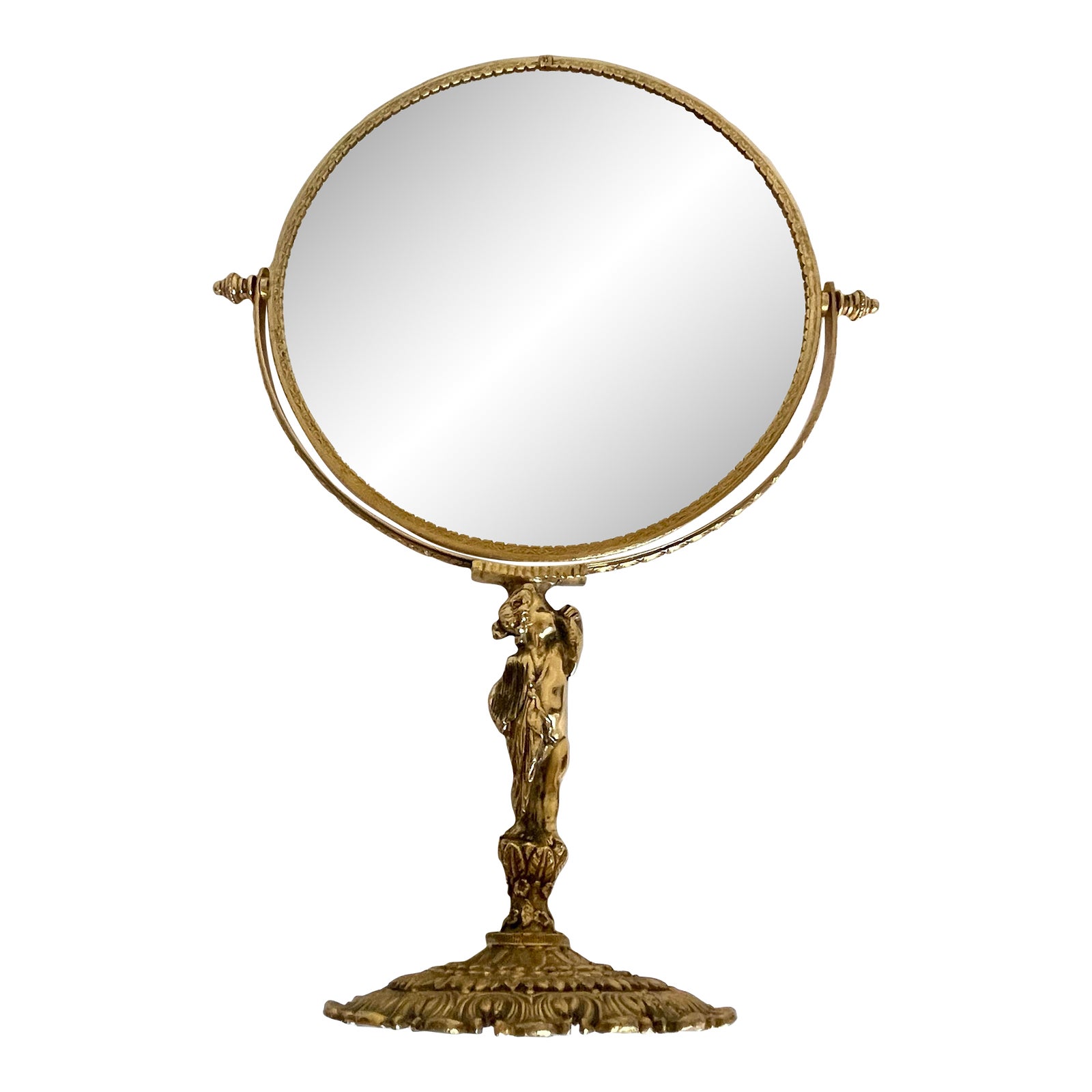 Art Nouveau Rococo Style Brass Female Figure Round Vanity Mirror | Chairish