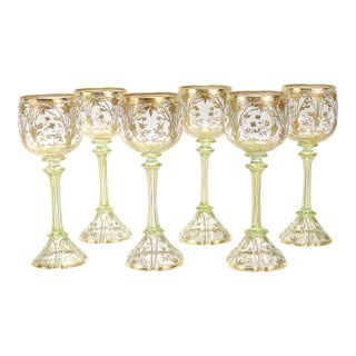 1900 Set of 6 Gilt German or Bohemian Art Nouveau Clear & Green Glass Wine Goblets For Sale