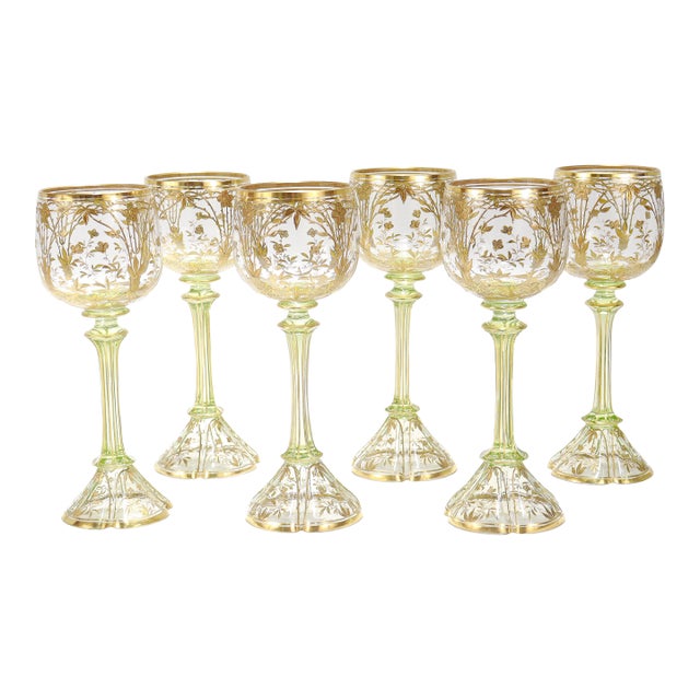 1900 Set of 6 Gilt German or Bohemian Art Nouveau Clear & Green Glass Wine Goblets For Sale