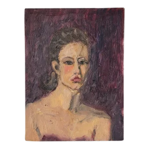 Vintage Portrait of Woman Oil on Canvas Signed Dated 9x12 Purple Background by Rosemary Rabut