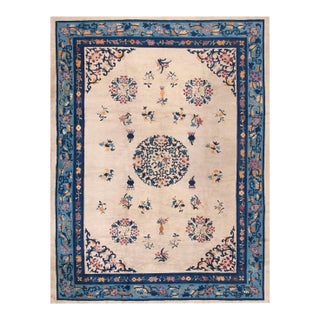 1930s Beige Floral Medallion Antique Chinese Peking Rug 8' 0" X 10' 0" Handknotted Wool Carpet For Sale