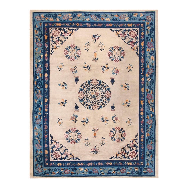 1930s Beige Floral Medallion Antique Chinese Peking Rug 8' 0" X 10' 0" Handknotted Wool Carpet For Sale