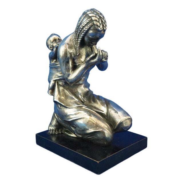 Enrico Bartoli, Sculpture of Maternity, 1800s, Ceramic Finished in Silver For Sale