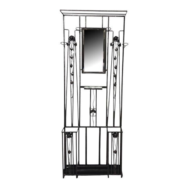 1920s Original French Art Deco Hammered Iron Halltree, Coat Rack W/ Mirror, Shelf, Rose Trellis For Sale