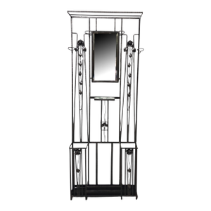 1920s Original French Art Deco Hammered Iron Halltree, Coat Rack W/ Mirror, Shelf, Rose Trellis