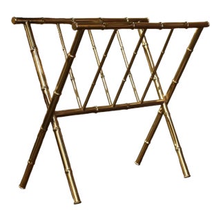Mid-Century French Faux Bamboo Brass Magazine Rack in Baguès Style For Sale