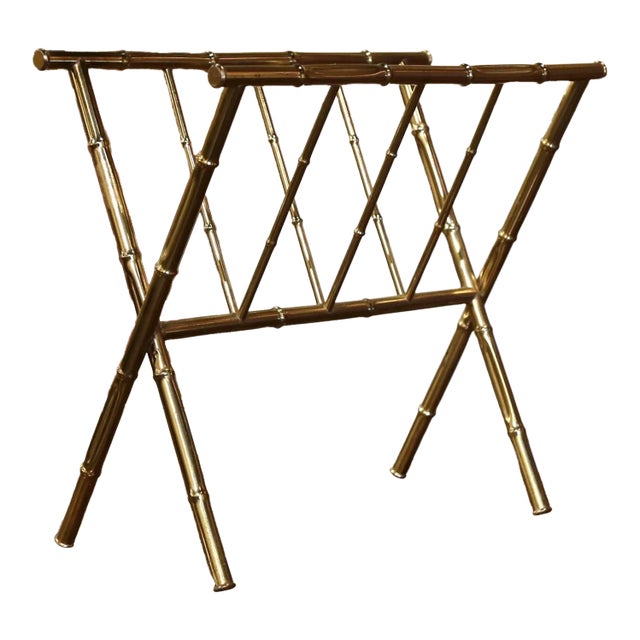 Mid-Century French Faux Bamboo Brass Magazine Rack in Baguès Style For Sale