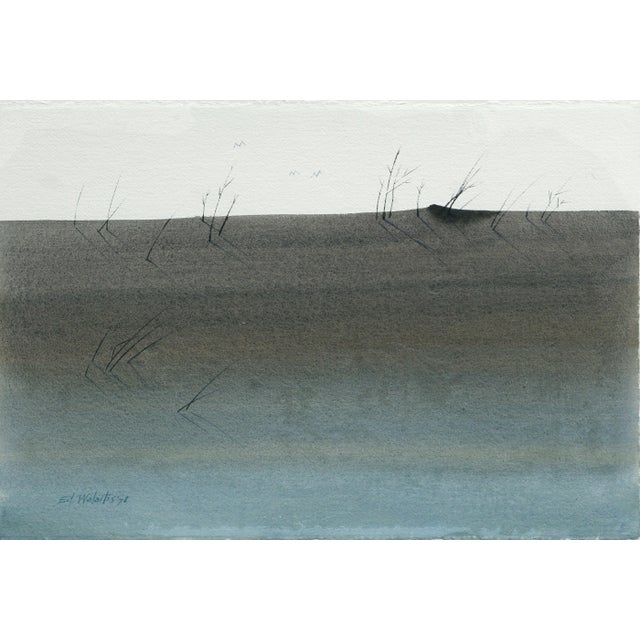Wonderful minimalist watercolor of sand dune with grass and birds by Ed Walaitis (American, 1914-2005), 1978. Signed and...