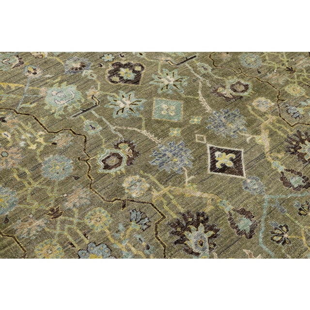 Modern Indian Heriz Style Wool Rug Handmade in Muted Green With Allover Design For Sale - Image 10 of 10