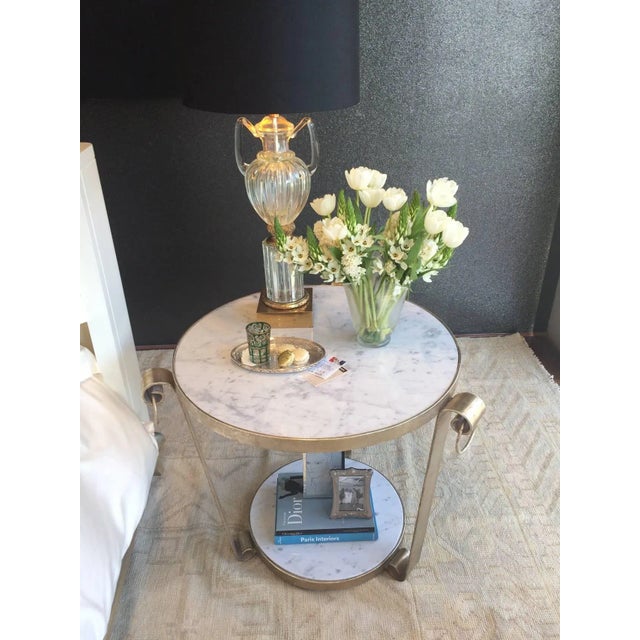 Mid-Century wrought iron side table with antiqued white gold leaf finish and marble. Perfect for great room, den, bedroom...