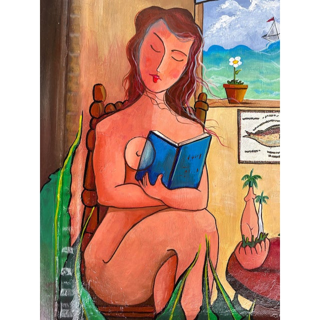 Abstract Juan Navarette Abstract Cuban Folkloric "Painting Woman With Fish and Pigeon" For Sale - Image 3 of 7