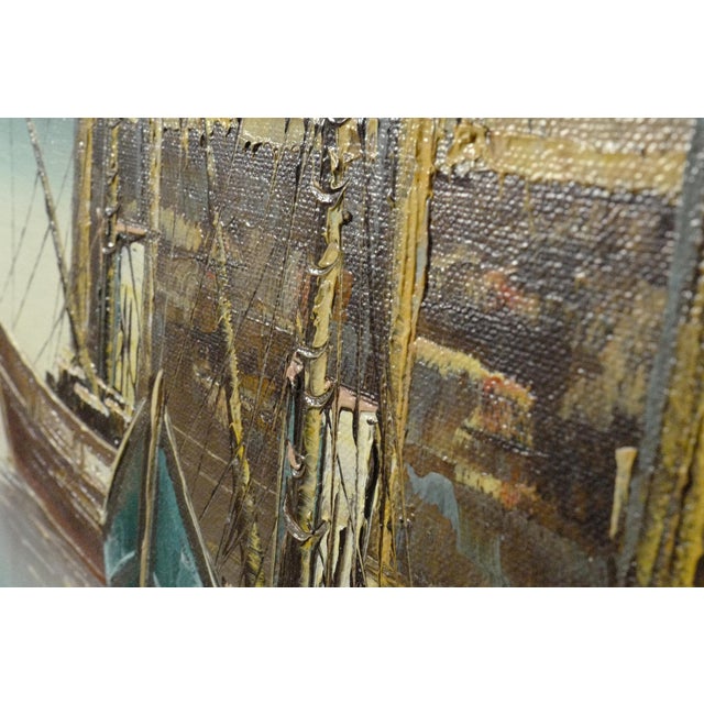 Coastal Vintage Oil Painting Harbor Scene Fishing Boats Signed L. Salcido Framed For Sale - Image 3 of 5