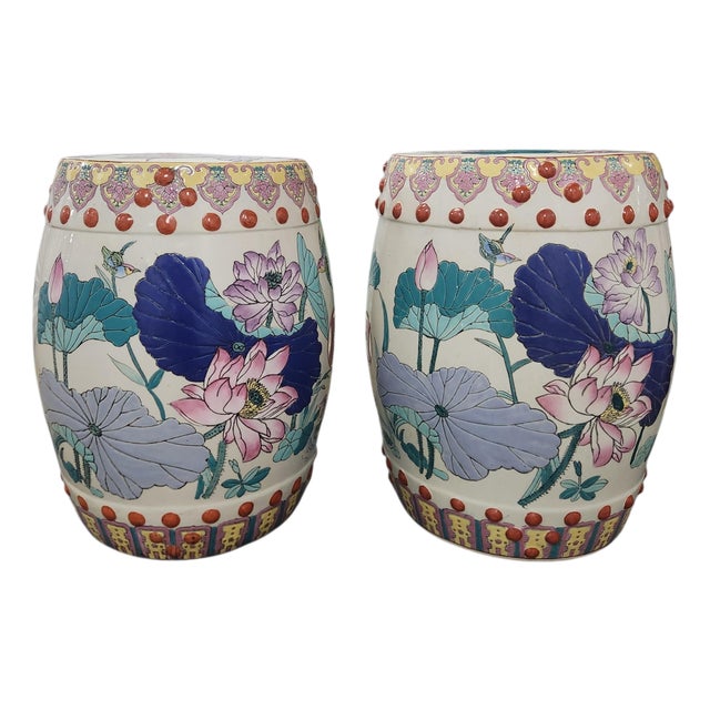 Vintage Mid-20th Century Chinese Famille Rose Lotus Garden Stools - A Pair For Sale