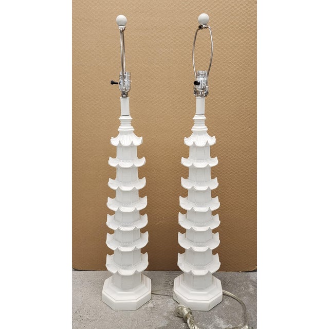 Chinoiserie White Pagoda Chinoiserie Style Table Lamps - A Pair For Sale - Image 3 of 12