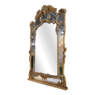 Large Antique Louis XV Style Giltwood Mirror, 1800s For Sale