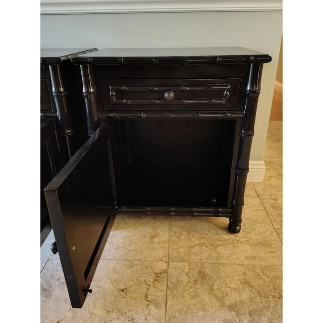 A Pair of Faux Bamboo Nightstands Black For Sale In Los Angeles - Image 6 of 11
