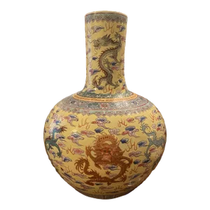 Large Mid 20th Century Yellow Chinese Export Famille Jaune Porcelain Bottle Vase With Dragons