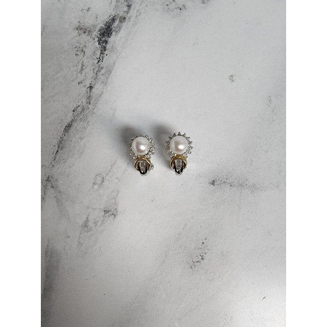 2020s Pearl & Diamond Halo Earrings with Diamond Accents 14k Two-Toned Gold, 2 Pieces For Sale - Image 5 of 5
