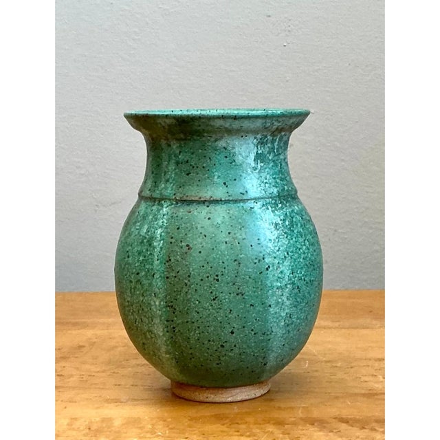 Vintage Speckled Green Ceramic Vase For Sale In West Palm - Image 6 of 12