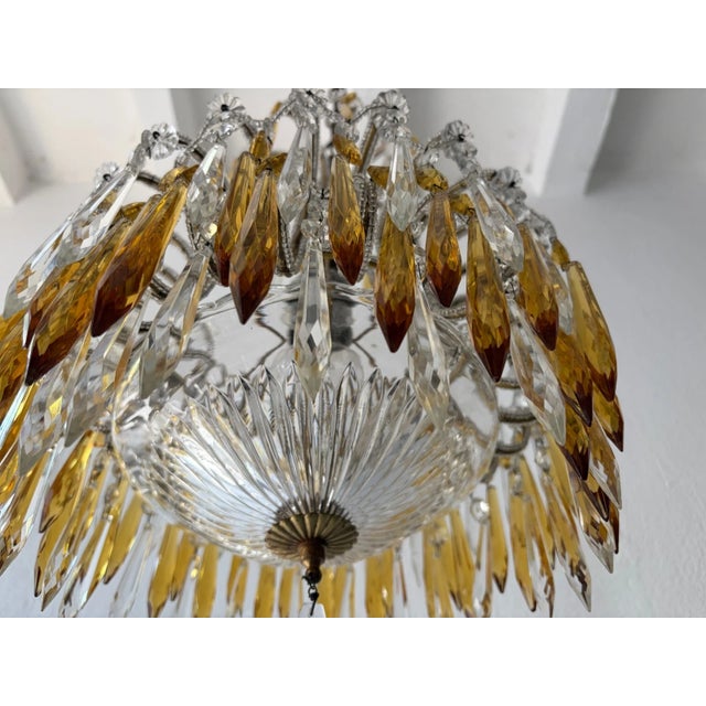 Glass Italian Micro-Beaded Tiered Yellow Crystal Prisms Chandelier C 1920 Amber For Sale - Image 7 of 12