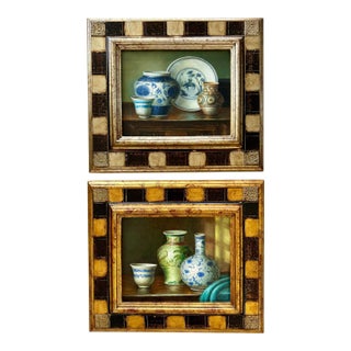 Set of 2 Original Chinoiserie Still Life Paintings in Black and Gold Frames For Sale