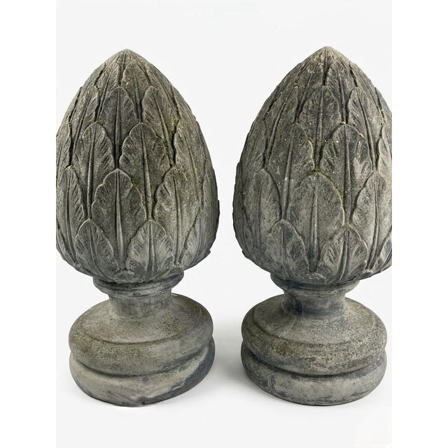 Traditional A Pair of Vintage Large-Scale Artichoke Leaf Cast Stone Finials For Sale - Image 3 of 12