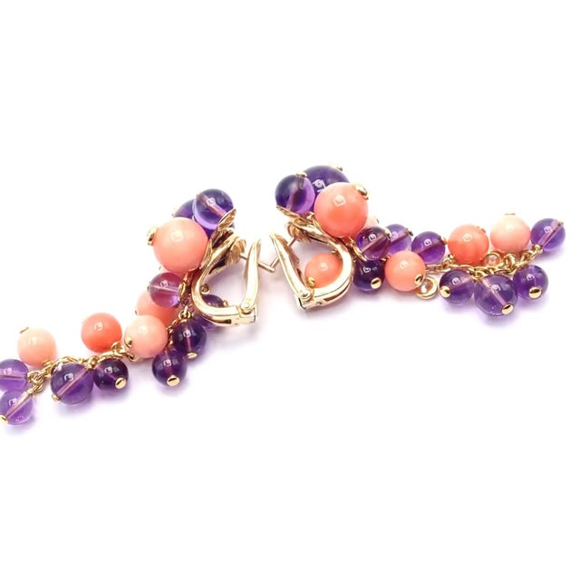 Light Pink 1980s Pair of Cartier Rose Gold Coral Amethyst Diamond Delices De Goa Earrings For Sale - Image 8 of 17