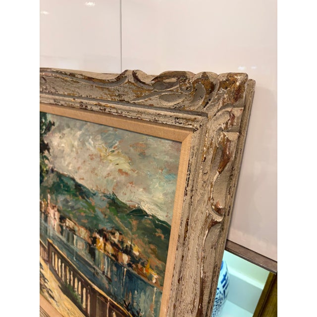 Vintage Textured Impressionist Oil Painting Cote d'Azur Coastal Town Landscape in Carved Wood Frame For Sale - Image 10 of 15