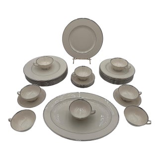Late 20th Century Lenox Montclair China Set — Ivory With Platinum Rim — Complete Set for 8- 33 Pieces For Sale