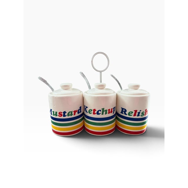 Mid-Century Modern Vintage 1986 Hoan Ceramic Condiment Set With Caddy, Rainbow Stripe, Mustard Ketchup Relish For Sale - Image 3 of 7