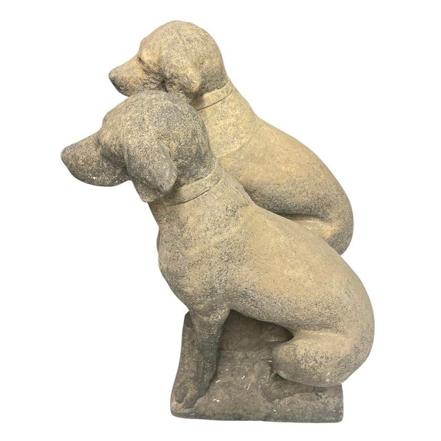 Pair of Vintage Weathered Cast Stone Seated Pointer Garden Statues For Sale In West Palm - Image 6 of 12