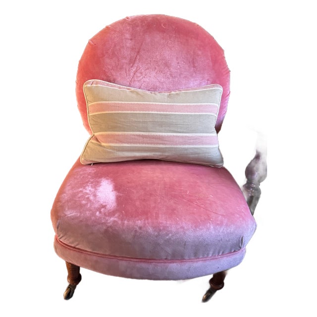 Vintage Pink Velvet Slipper Chair Features a Rounded Back and Mahogany Legs With Casters, Similar Style to French Louis XVI Accent Seating For Sale