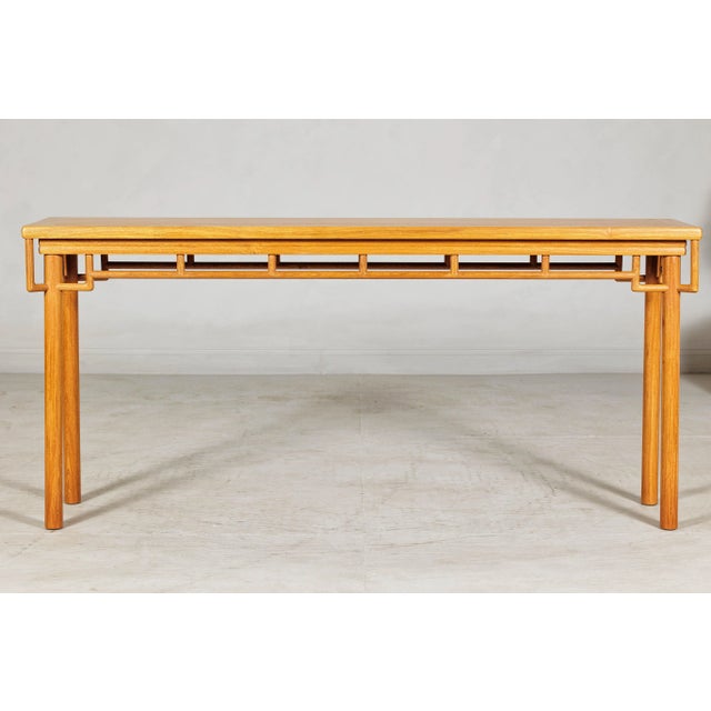 Vintage Elm Wood Console Table with Humpback-Form Stretcher and Openwork Details For Sale In New York - Image 6 of 12