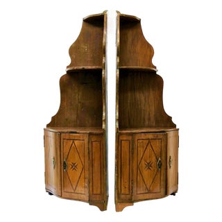 Pair of European Inlaid Wood Corner Hanging Shelves For Sale