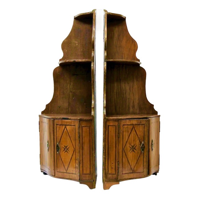 Pair of European Inlaid Wood Corner Hanging Shelves For Sale