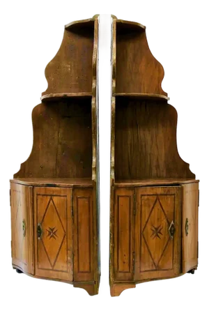 Pair of European Inlaid Wood Corner Hanging Shelves