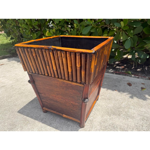 Vintage Bamboo & Wood Square Cachepot / Planter Stand – British Colonial Palm Beach Style For Sale In Naples, FL - Image 6 of 11