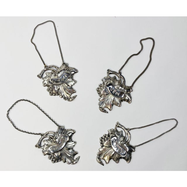 Figurative Silverplate Grapevine Motif Liquor Tags Set of 4 - Gin, Vodka, Scotch, Bourbon For Sale - Image 3 of 8