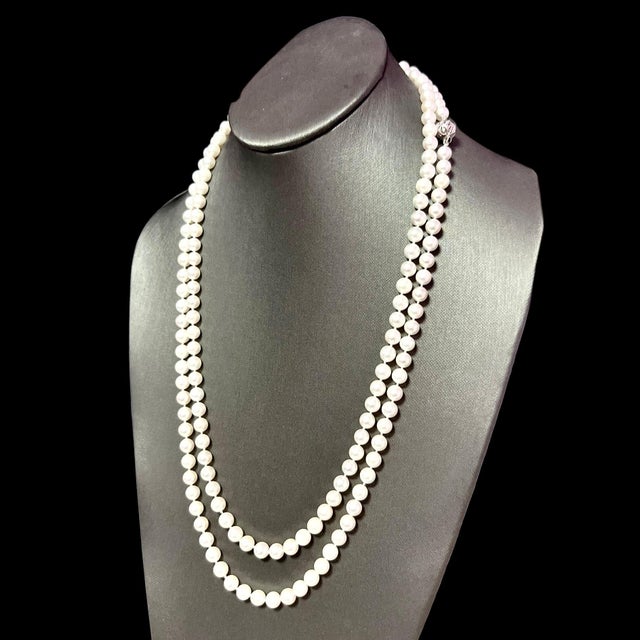 Natural Akoya Pearl Diamond Necklace 49" 18k White Gold 7 mm Certified For Sale - Image 13 of 13